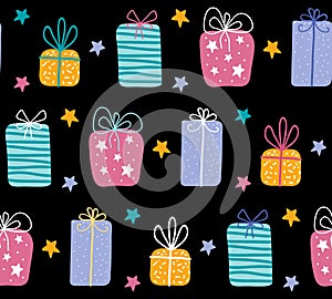 Birthday gift boxes flat vector seamless pattern in scandinavian style. Presents and gifts festive wrapping paper on black