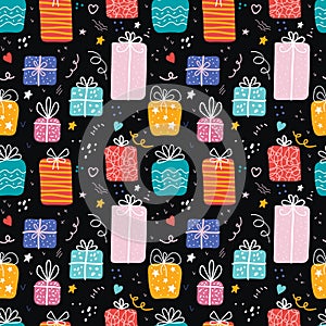 Birthday gift boxes flat vector seamless pattern in scandinavian style. Presents and gifts festive wrapping paper on black