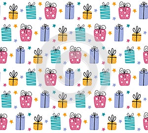 Birthday gift boxes flat vector seamless pattern in scandinavian style. Presents and gifts festive wrapping paper. Celebration,