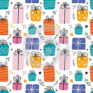 Birthday gift boxes flat vector seamless pattern in scandinavian style. Presents and gifts festive wrapping paper. Celebration,