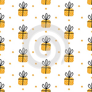 Birthday gift boxes flat vector seamless pattern in scandinavian style. Yellow Presents and gifts festive wrapping paper
