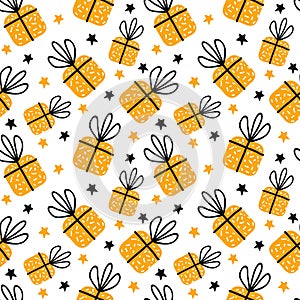 Birthday gift boxes flat vector seamless pattern in scandinavian style. Yellow Presents and gifts festive wrapping paper