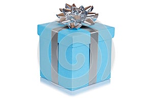 Birthday gift christmas present blue box isolated on white background