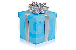 Birthday gift christmas present light blue box isolated on white