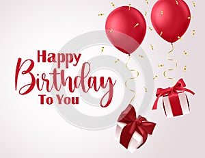 Birthday gift vector banner template. Happy birthday to you greeting text in white empty space for messages with hanging red gifts