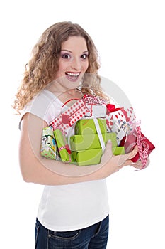 Birthday girl with gifts - woman isolated on white background
