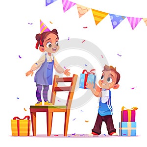 Birthday girl receive gift from boy, party, event