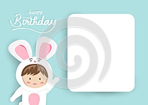 Birthday greeting card, adorable bunny kid mascot with tag text, cute cartoon using for children celebrate invitation vector