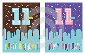 Birthday greeting card with cake and 11 candle