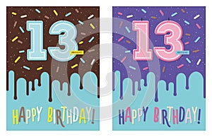 Birthday greeting card with cake and 13 candle