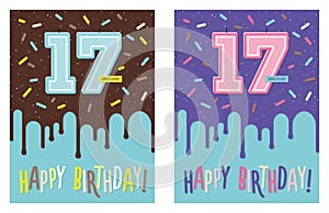 Birthday greeting card with cake and 17 candle