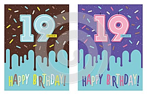 Birthday greeting card with cake and 19 candle