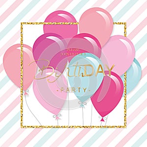 Birthday greeting card with colorful balloons and glitter frame. Festive holiday template.