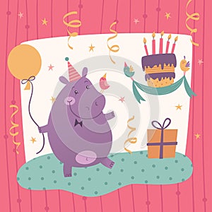 Birthday greeting card with cute hippo