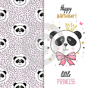 Birthday greeting card design with cute panda for little girl.