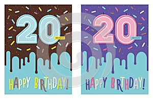 Birthday greeting card with glaze on decorated cake and number 20 celebration candle