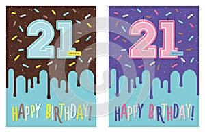 Birthday greeting card with glaze on decorated cake and number 21 celebration candle