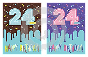 Birthday greeting card with glaze on decorated cake and number 24 celebration candle