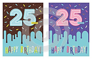 Birthday greeting card with glaze on decorated cake and number 25 celebration candle