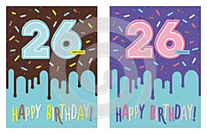 Birthday greeting card with glaze on decorated cake and number 26 celebration candle