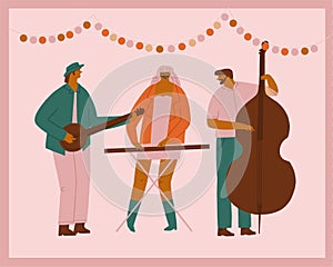 Birthday greeting card with indie rock band with banjo, contrabass and a women singer. photo