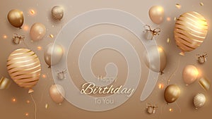 Birthday greeting card with luxury balloons with ribbon around and gift box. 3d realistic style.