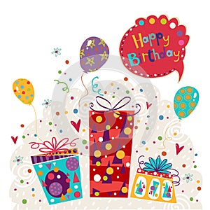 Birthday greeting card made of gifts, balloons. Birthday invitation. Birthday party. Greeting card with balloons.