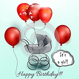 Birthday greeting card with red balloons and baby carriage