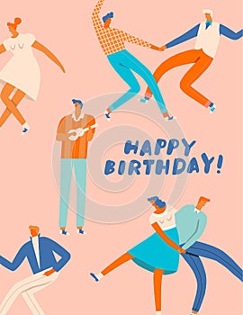 Birthday greeting card with retro sock hop dancers dancing on the party in 50s retro style.
