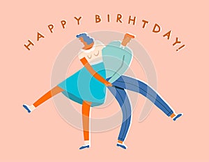 Birthday greeting card with retro sock hop dancers dancing on the party in 50s retro style.