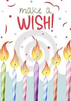 Birthday greeting card template. Banner, flyer with candles. Make a wish Invitation design for holiday, anniversary