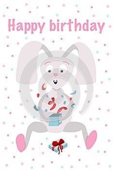 Birthday greeting card template. A cute hare who opens a box with a gift and is surprised. Vector illustration of hare