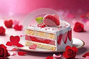 Birthday greeting card or Valentine\'s day. Delicious heart shaped cake with fresh berries