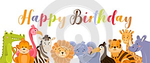 Birthday greeting cards with cute jungle animals. Vector illustration banner horizontal with crocodile, monkey, flamingo, zebra,
