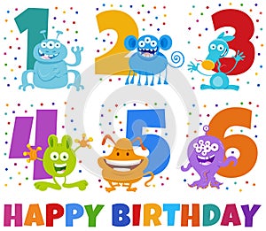 Birthday greeting cards set with cartoon monster characters