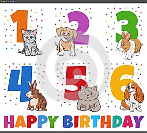 Birthday greeting cards set with cartoon pets animal characters