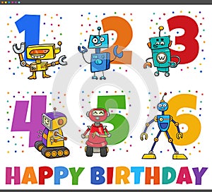 Birthday greeting cards set with cartoon robots characters