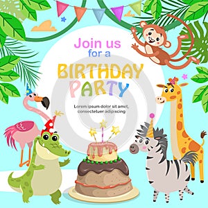 Birthday greeting invitation card template. Cute african animals and cake. Funny Jungle party.