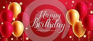 Birthday greeting vector background design. Happy birthday text in red space with elegant floating balloons element.