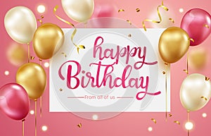 Birthday greeting vector design. Happy birthday text in white board space with pink and gold balloon elements.