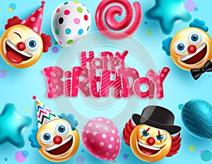 Birthday greeting vector design. Happy birthday typography text with smiley clown faces and balloons element floating for kids.