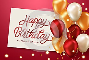 Birthday greeting vector template design. Happy birthday text in board empty space with red and gold balloons.