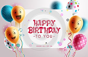 Birthday greeting vector template design. Happy birthday text in white board empty space with balloons and pattern elements.