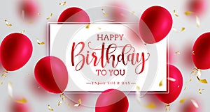 Birthday greeting vector template design. Happy birthday text in white board with floating red balloons and confetti elements.