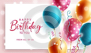 Birthday greeting vector template design. Happy birthday text in white empty space with pattern balloon bunch element for birth.