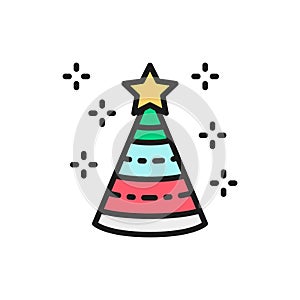 Birthday hat, cone, party decoration flat color line icon.