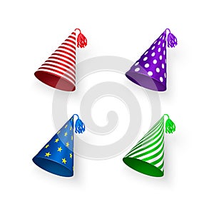 Birthday hat set. Colorful Birthday hats with geometric patterns circles stripes and stars. Vector illustration isolated on white