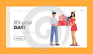 Birthday Holiday Congratulations Landing Page Template. Character in Festive Hat Greeting Happy Girl, Surprise Party