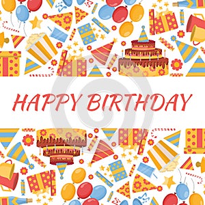 birthday, holidays, horizontal baner. cake, champagne, gifts, popcorn, balloons, caps, flags, candy. holiday vector flat items