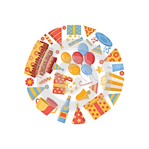 birthday, holidays items arranged in circle shape. cake, champagne, gifts, popcorn, balloons, caps, flags, candy. holiday vector